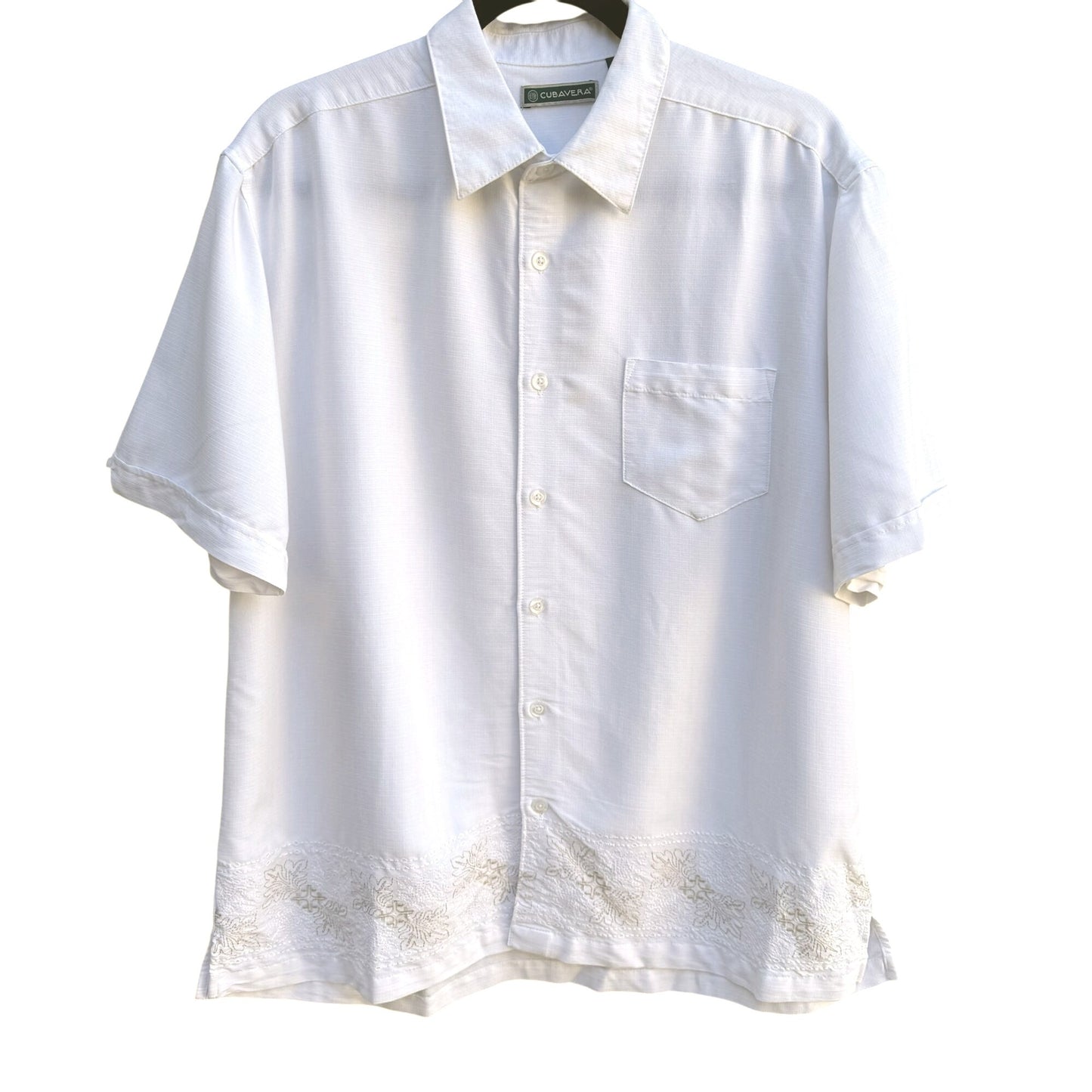 Cubavera Mens Embroidered White Cotton Linen Short Sleeve Button-Up Shirt Large