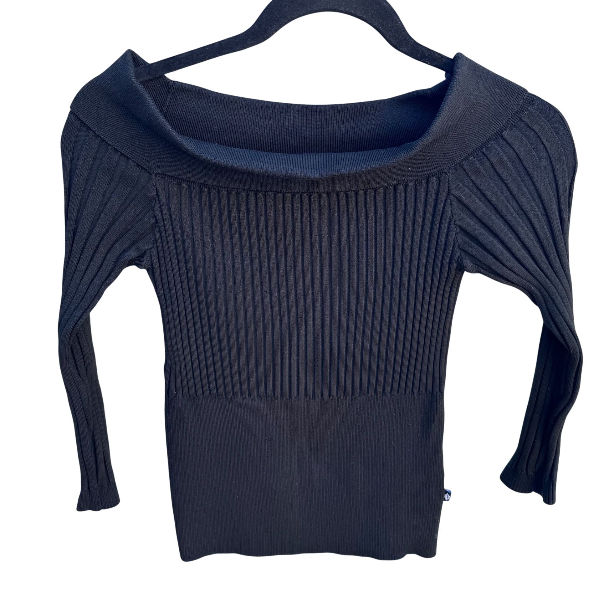 Bisou Jeans Vintage Y2K Black Ribbed Knit Fitted Top L Silk Blend Off-Shoulder