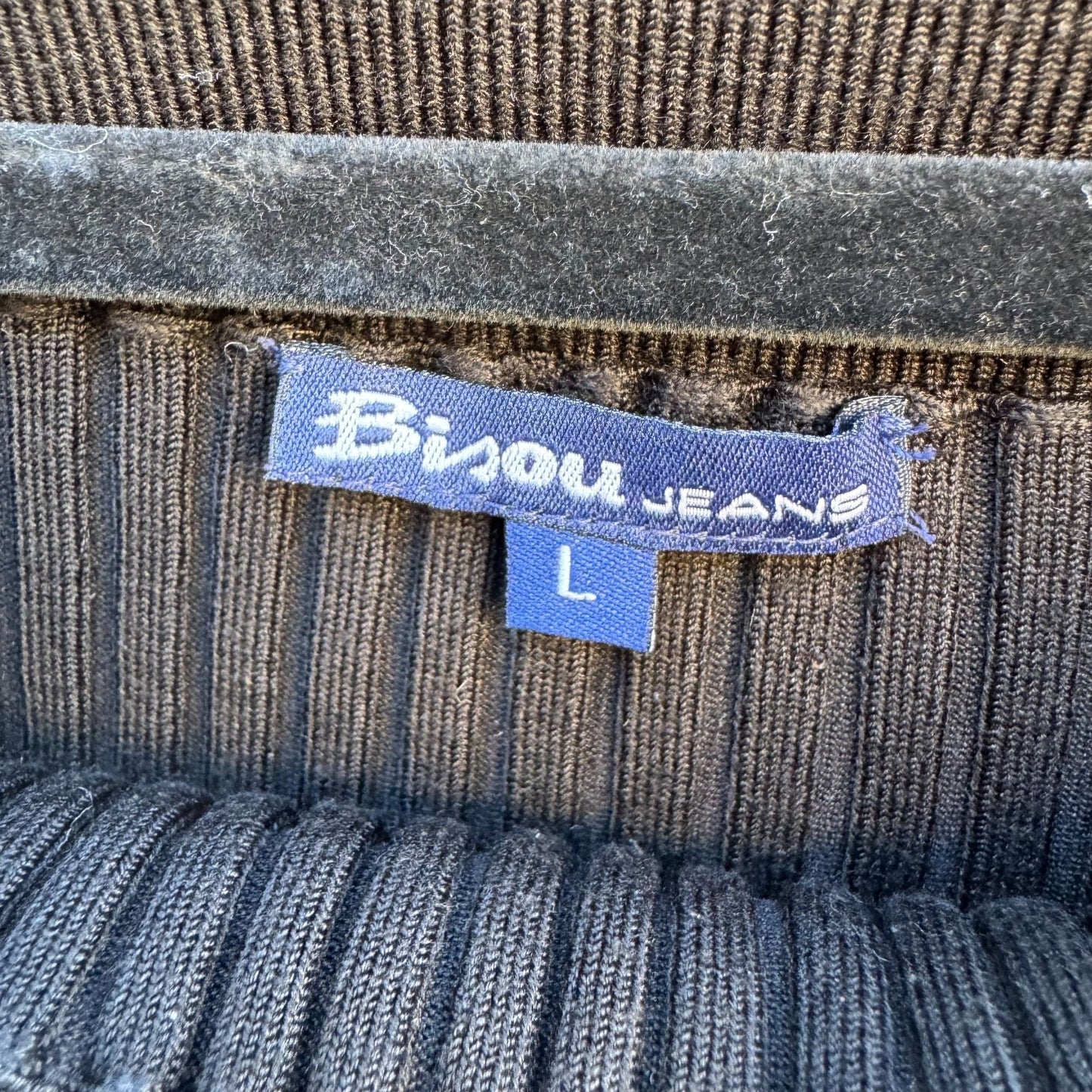 Bisou Jeans Vintage Y2K Black Ribbed Knit Fitted Top L Silk Blend Off-Shoulder