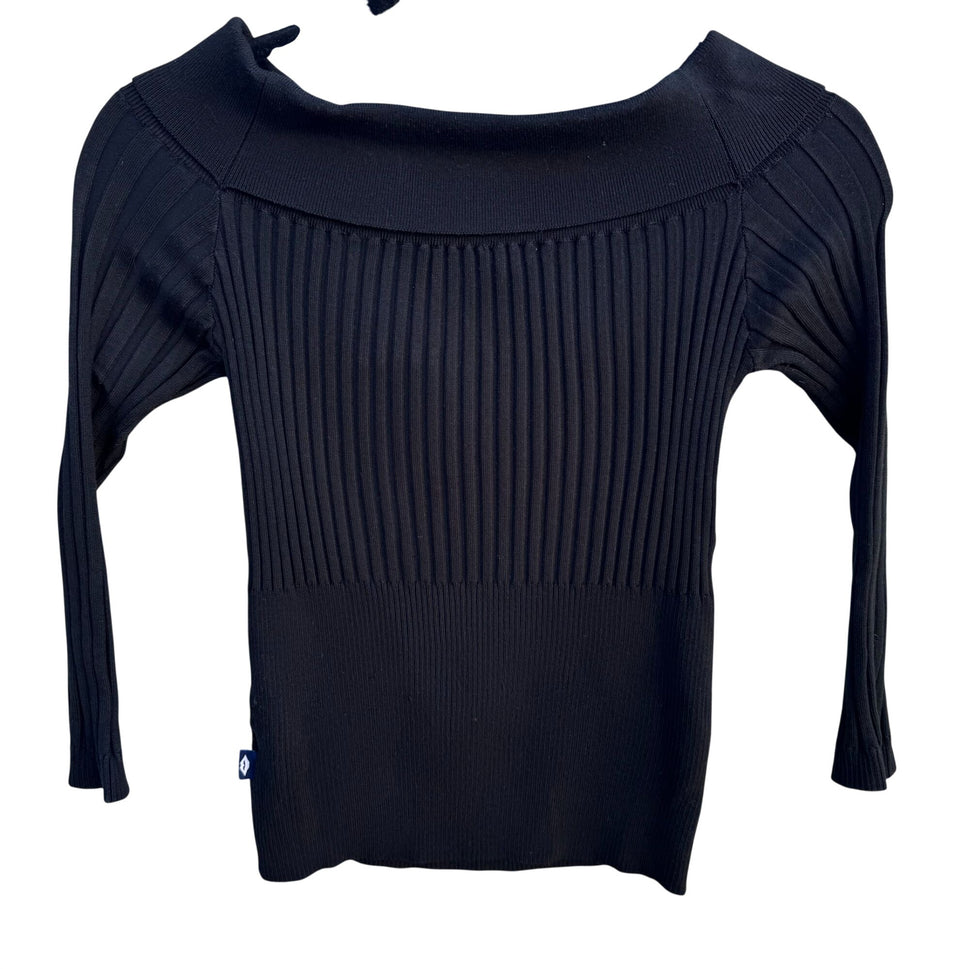 Bisou Jeans Vintage Y2K Black Ribbed Knit Fitted Top L Silk Blend Off-Shoulder