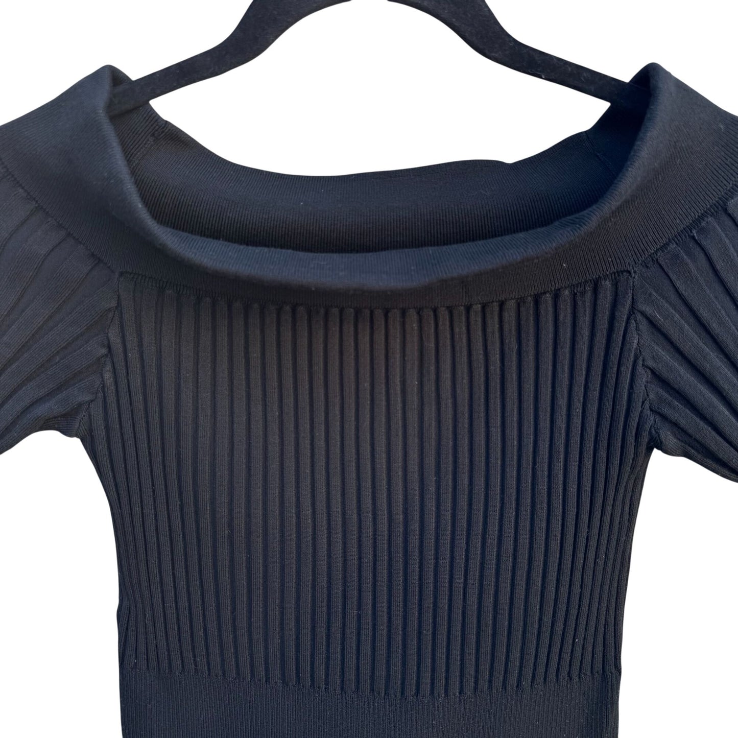 Bisou Jeans Vintage Y2K Black Ribbed Knit Fitted Top L Silk Blend Off-Shoulder