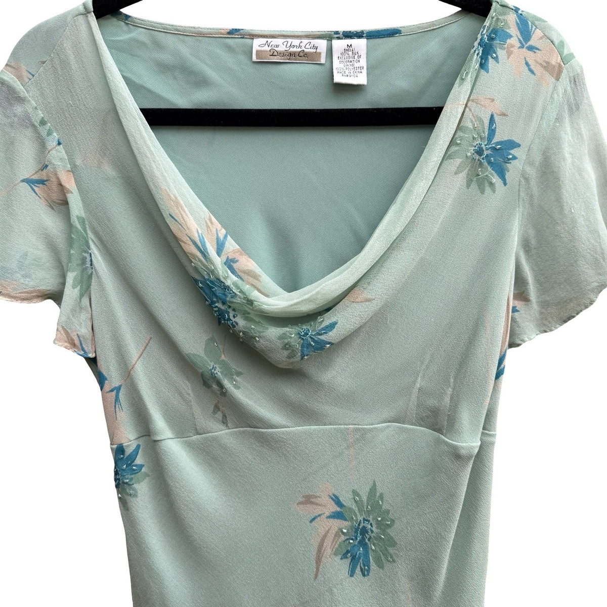 New York City Design Co Silk Y2K Fairycore Boho Floral Beaded Cowl Neck Blouse M