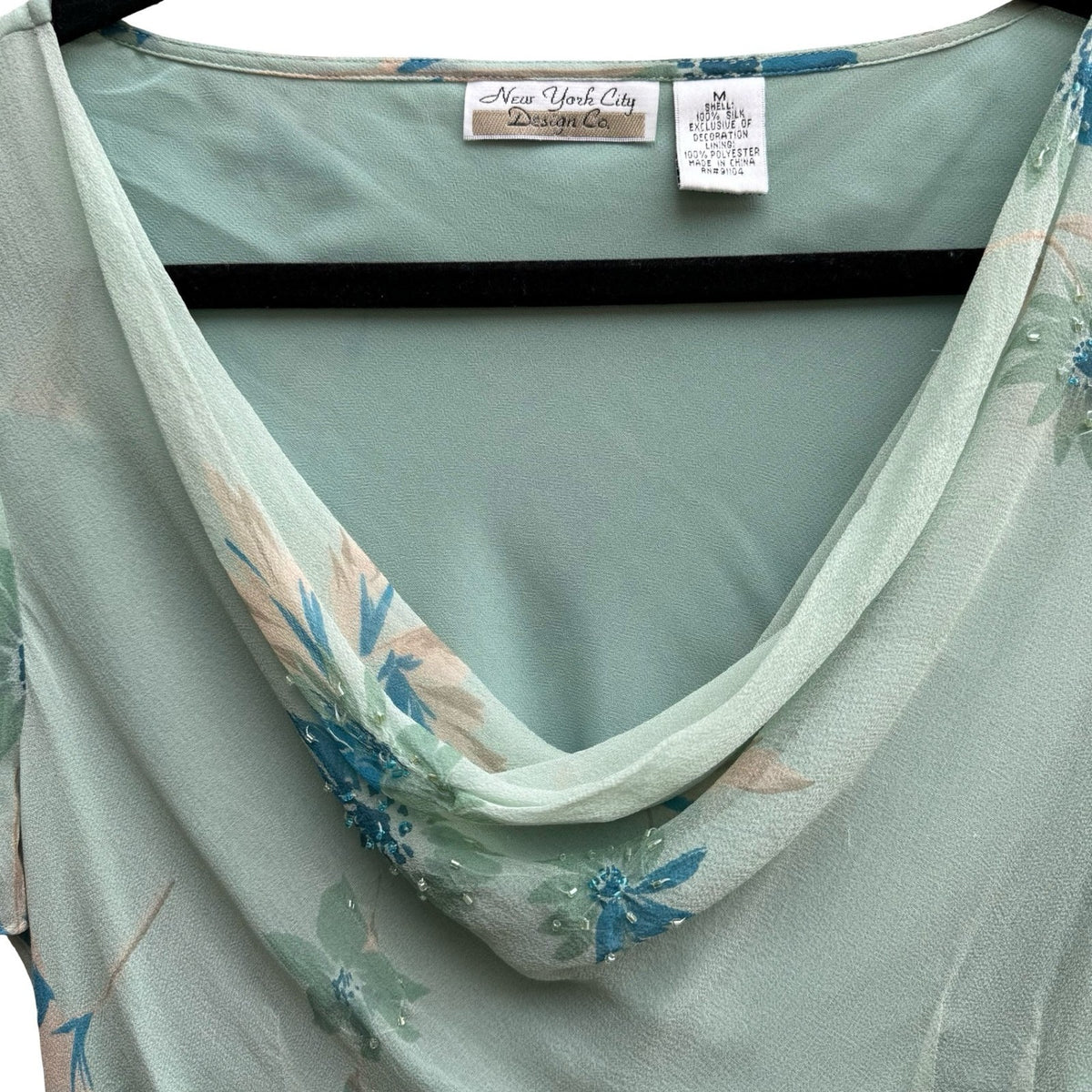 New York City Design Co Silk Y2K Fairycore Boho Floral Beaded Cowl Neck Blouse M