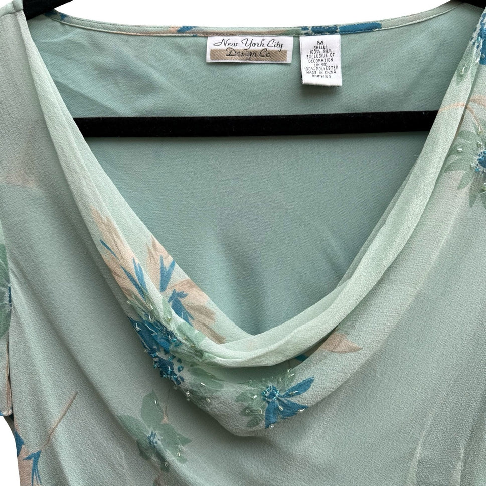 New York City Design Co Silk Y2K Fairycore Boho Floral Beaded Cowl Neck Blouse M