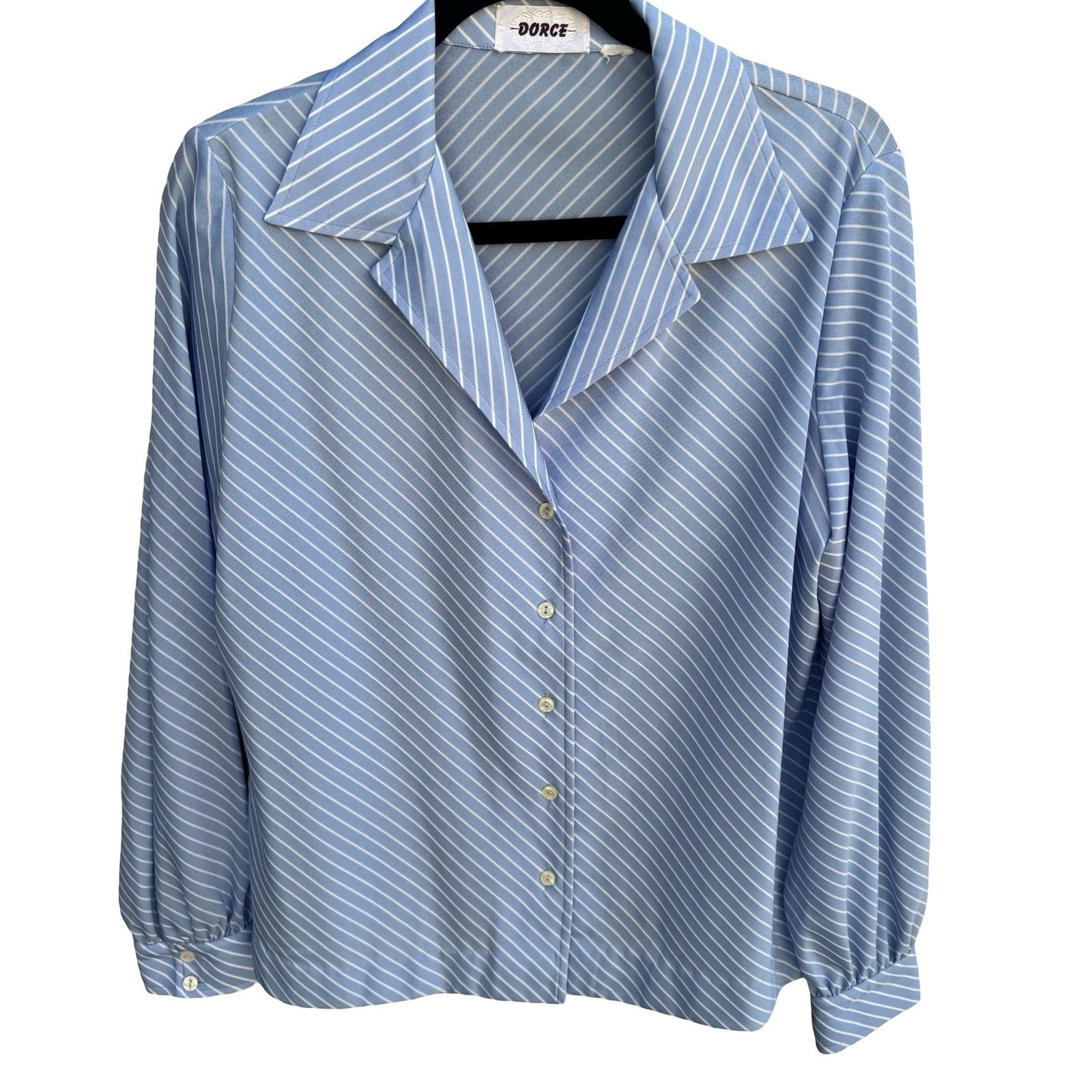 Dorce Vintage 70s Blue White Diagonal Stripe Long Sleeve Button Down Blouse Top