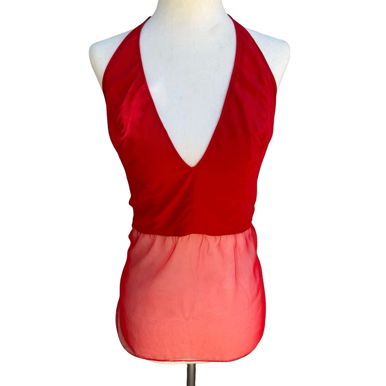 Silks Vintage Silk Red Halter Top Sheer Chiffon Hem Open Back Tie V-Neck S/M