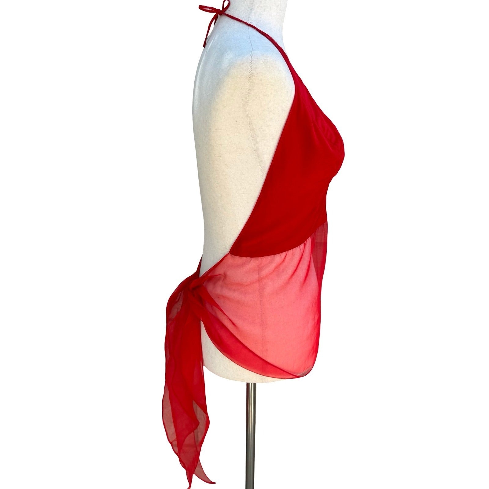 Silks Vintage Silk Red Halter Top Sheer Chiffon Hem Open Back Tie V-Neck S/M