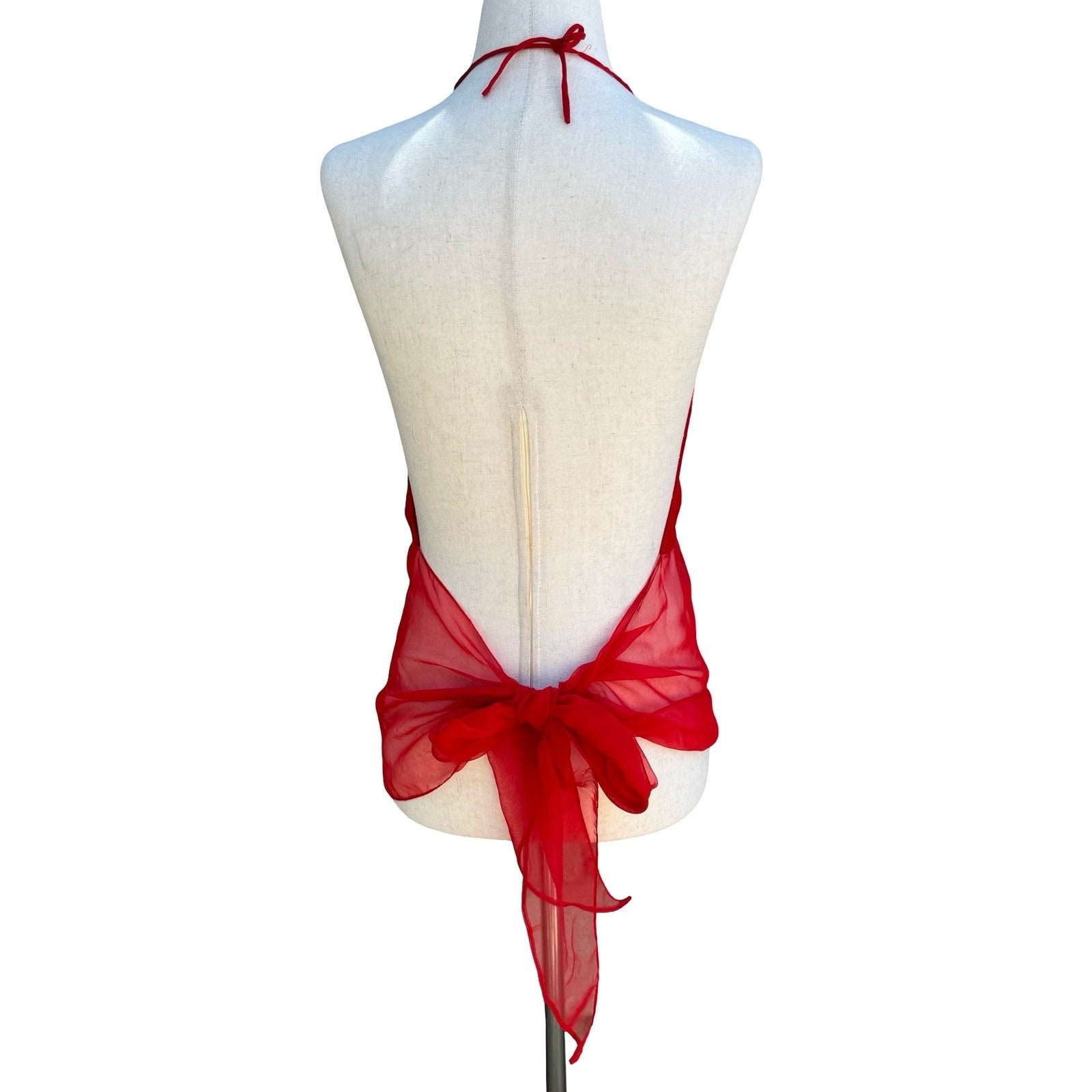 Silks Vintage Silk Red Halter Top Sheer Chiffon Hem Open Back Tie V-Neck S/M