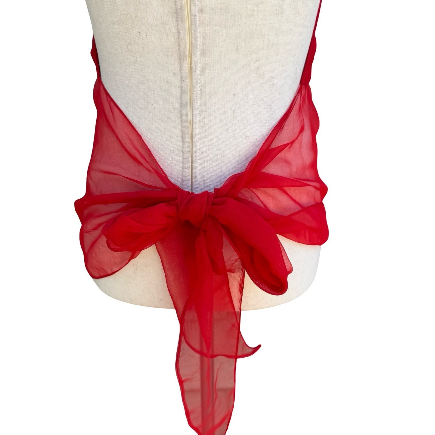Silks Vintage Silk Red Halter Top Sheer Chiffon Hem Open Back Tie V-Neck S/M