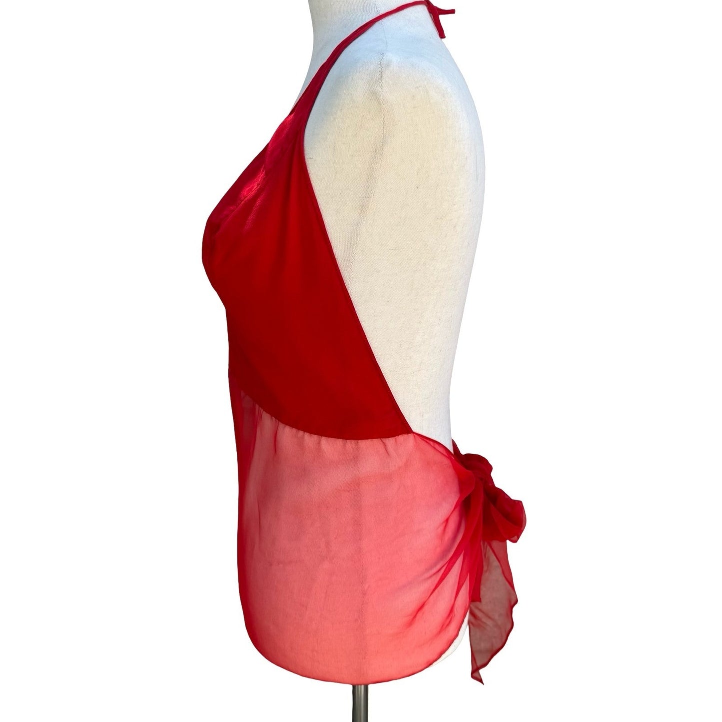 Silks Vintage Silk Red Halter Top Sheer Chiffon Hem Open Back Tie V-Neck S/M