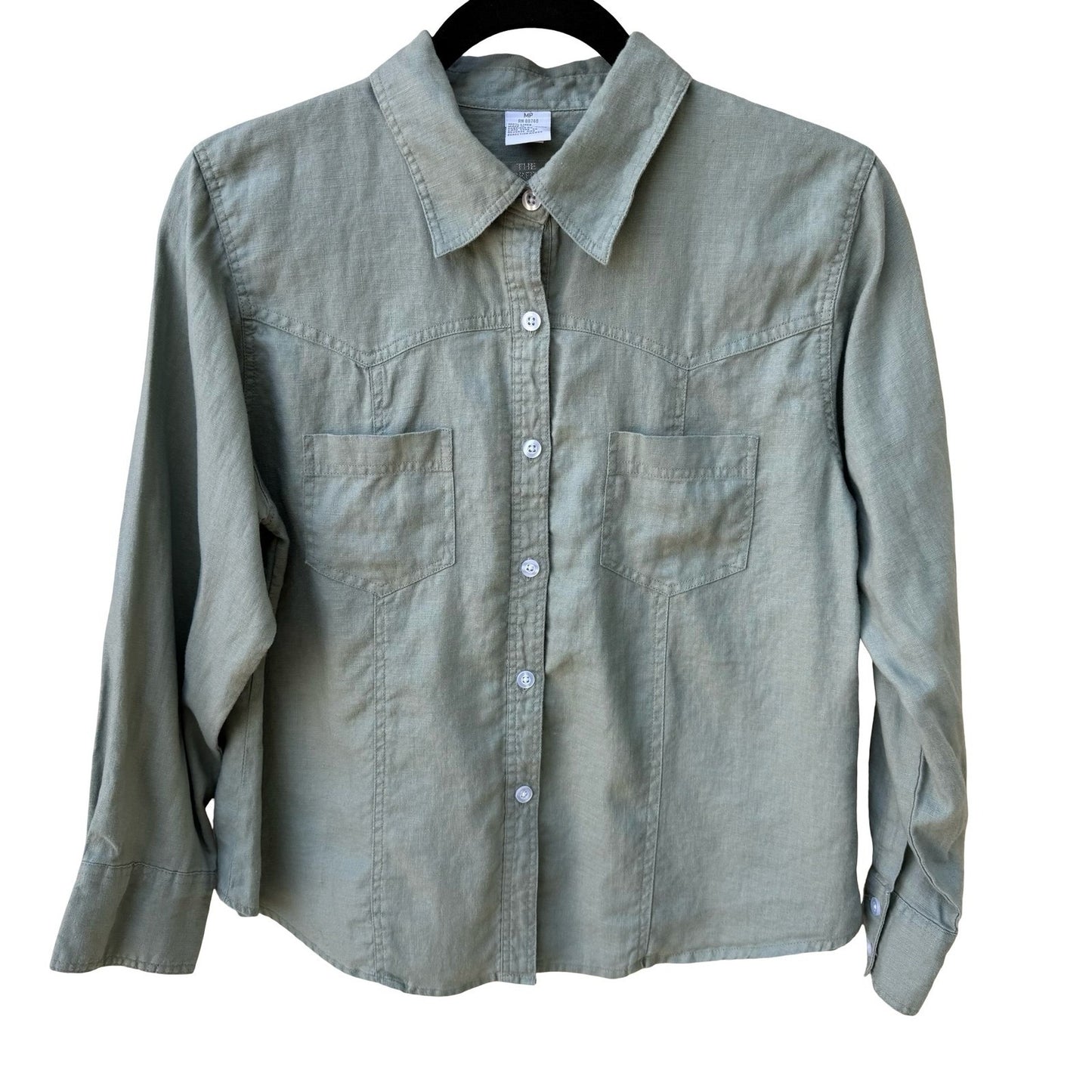 The Territory Ahead Womens Sage Green 100% Linen Lagenlook Button Down Shirt MP