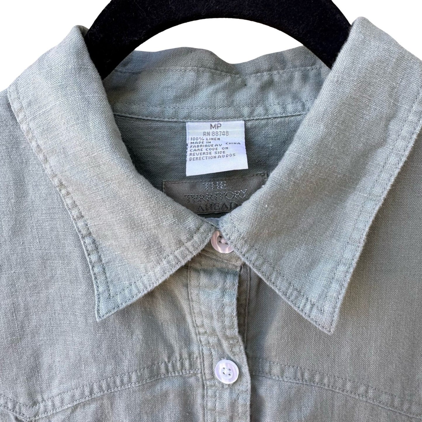 The Territory Ahead Womens Sage Green 100% Linen Lagenlook Button Down Shirt MP