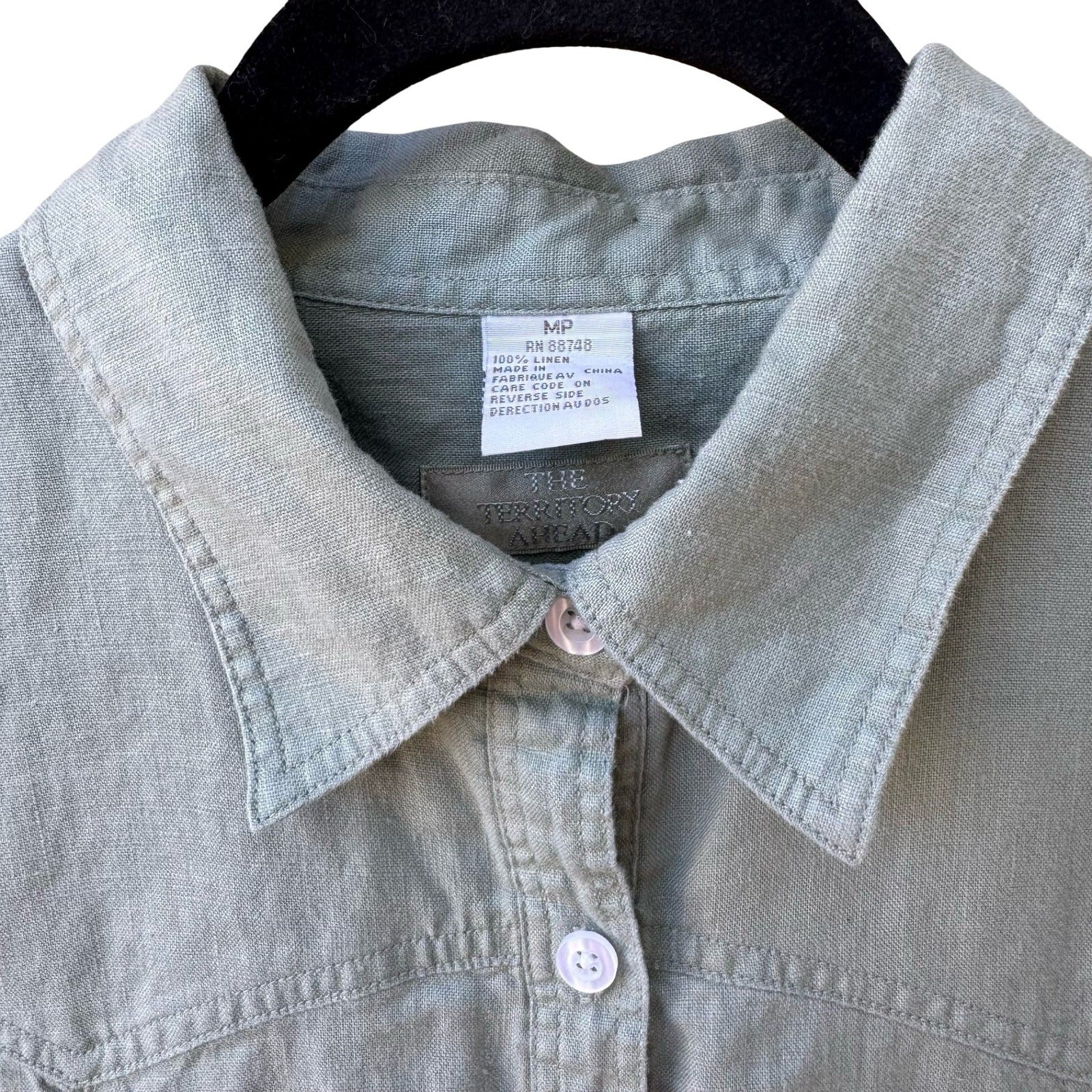 The Territory Ahead Womens Sage Green 100% Linen Lagenlook Button Down Shirt MP