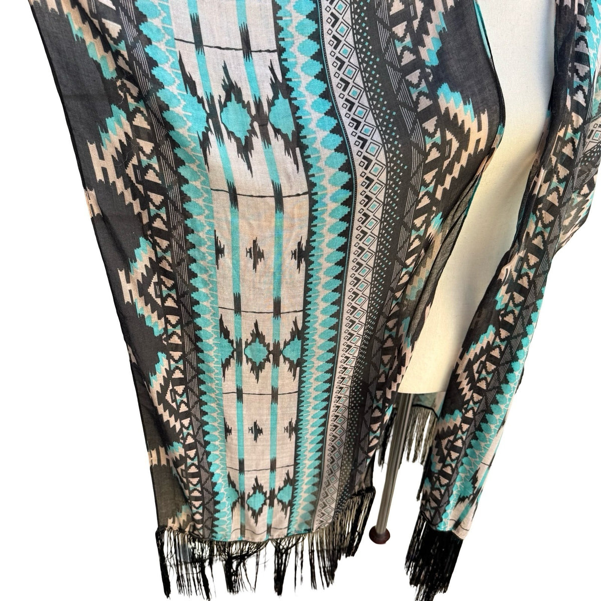 Boho Ethereal Hippie Tribal Geometric Fringe Festival Kimono Wrap Turquoise OS