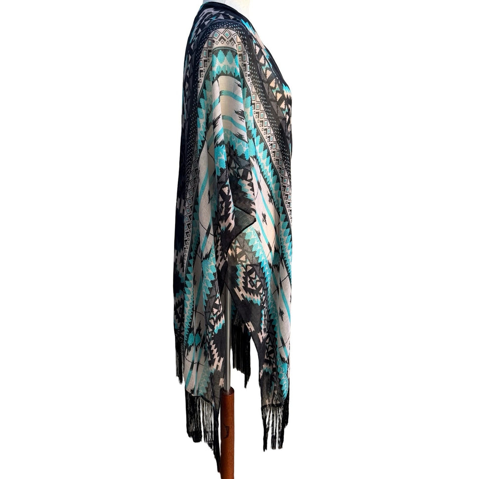 Boho Ethereal Hippie Tribal Geometric Fringe Festival Kimono Wrap Turquoise OS