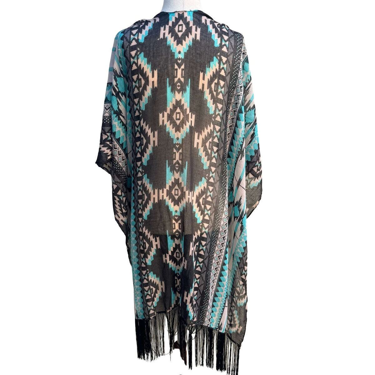 Boho Ethereal Hippie Tribal Geometric Fringe Festival Kimono Wrap Turquoise OS