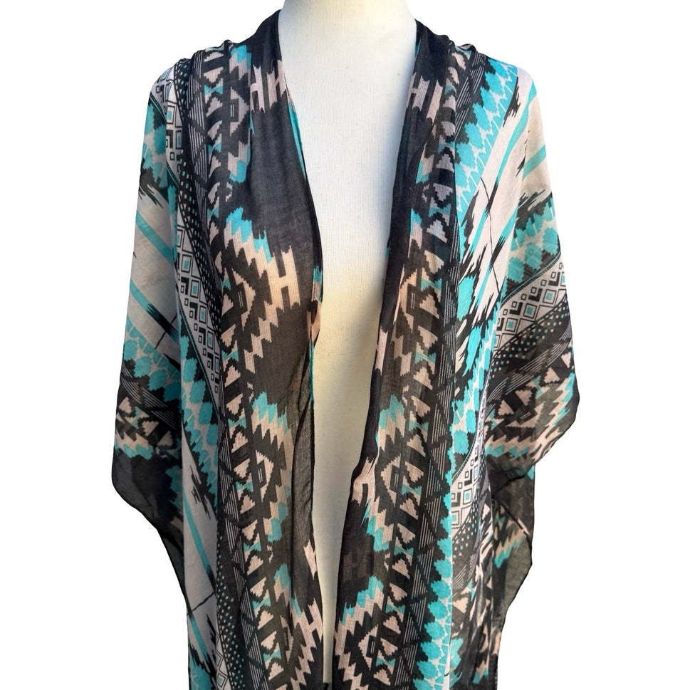 Boho Ethereal Hippie Tribal Geometric Fringe Festival Kimono Wrap Turquoise OS