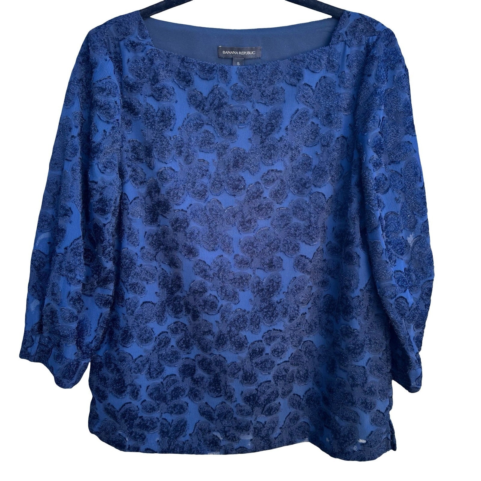 Banana Republic Boho Floral Burnout Boatneck Feminine Sheer Blouse Navy Womens S