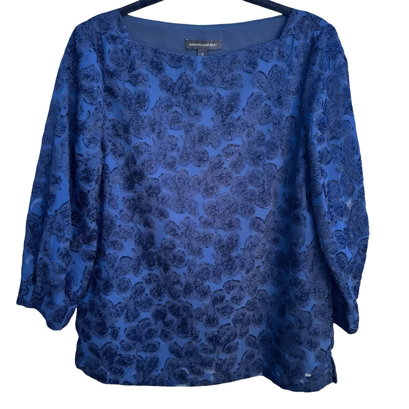 Banana Republic Boho Floral Burnout Boatneck Feminine Sheer Blouse Navy Womens S