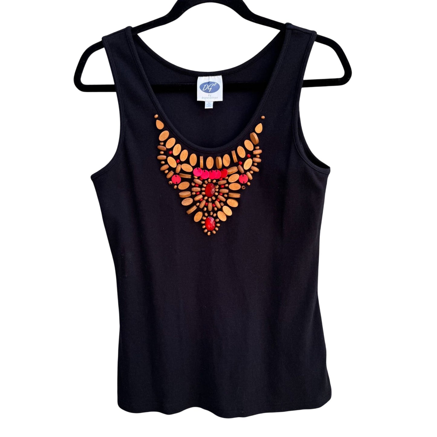 Dg2 By Diane Gilman Black Wooden Red Beaded Embellished Shirt Blouse Tank Top M