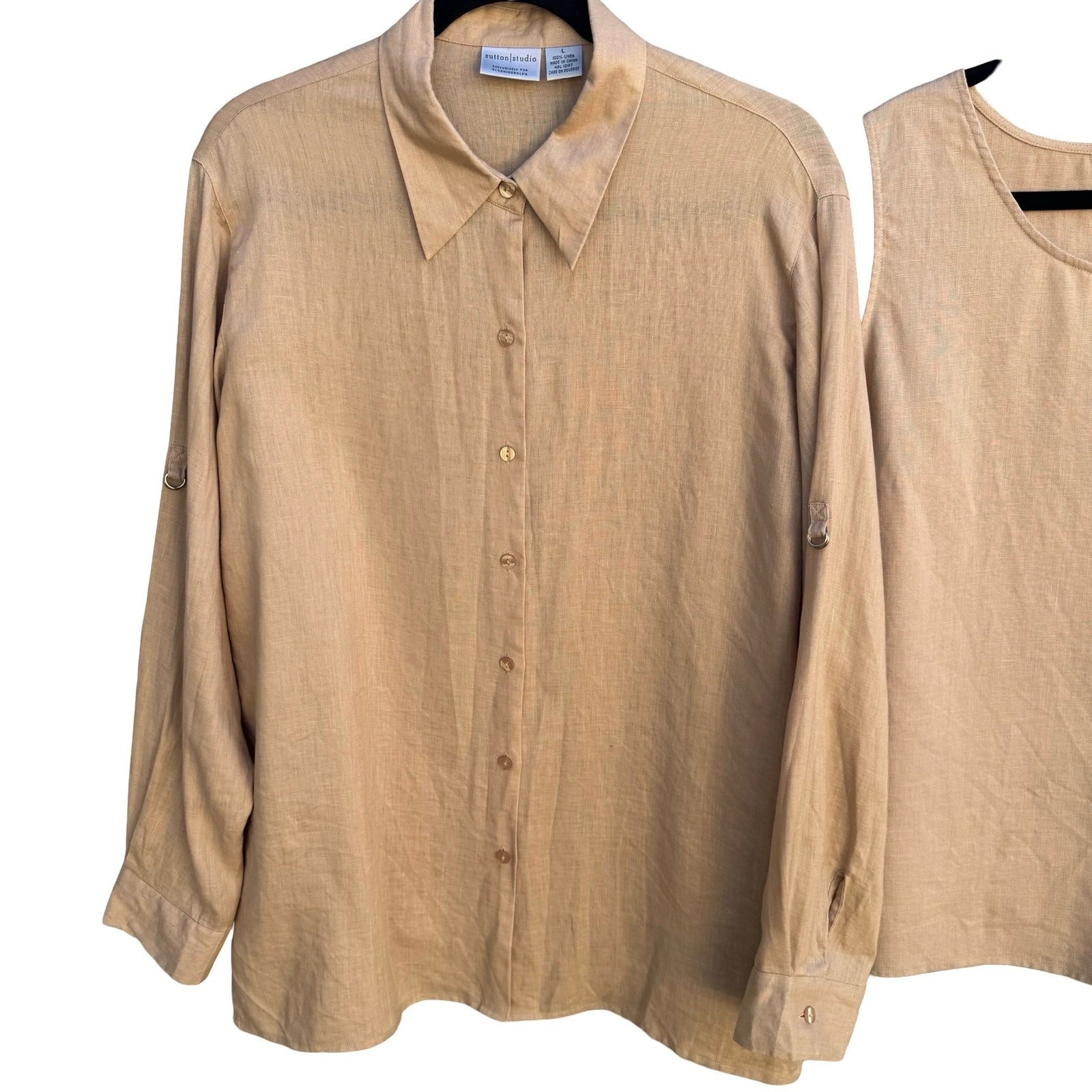 Sutton Studio Womens Tan 100% Linen 2 Piece Set Button Down Shirt Tank Top L