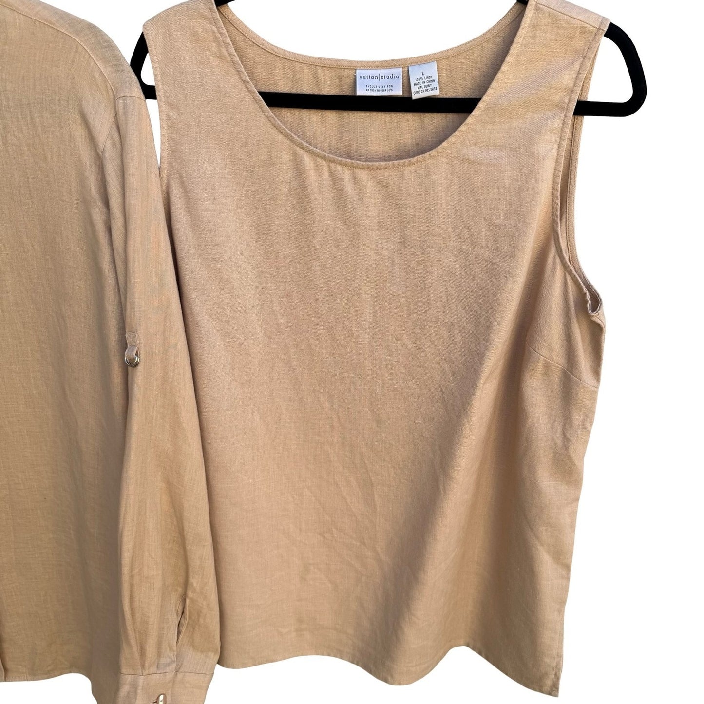 Sutton Studio Womens Tan 100% Linen 2 Piece Set Button Down Shirt Tank Top L