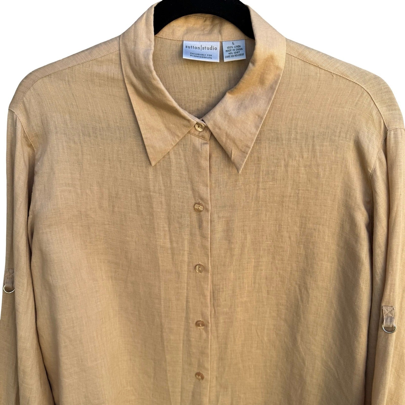 Sutton Studio Womens Tan 100% Linen 2 Piece Set Button Down Shirt Tank Top L