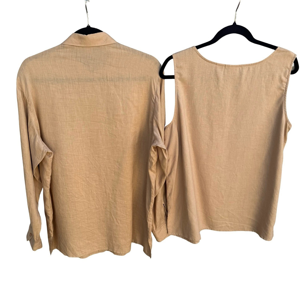 Sutton Studio Womens Tan 100% Linen 2 Piece Set Button Down Shirt Tank Top L