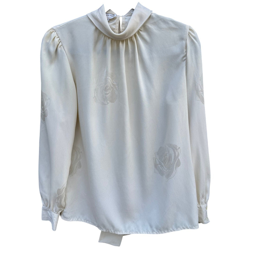 Jones New York Vintage Cream Rose Jacquard Pussy Bow Tie Back Blouse Womens 4