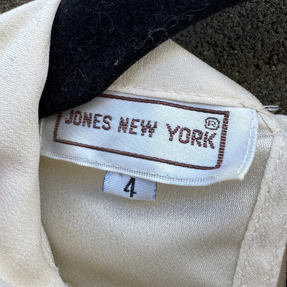 Jones New York Vintage Cream Rose Jacquard Pussy Bow Tie Back Blouse Womens 4