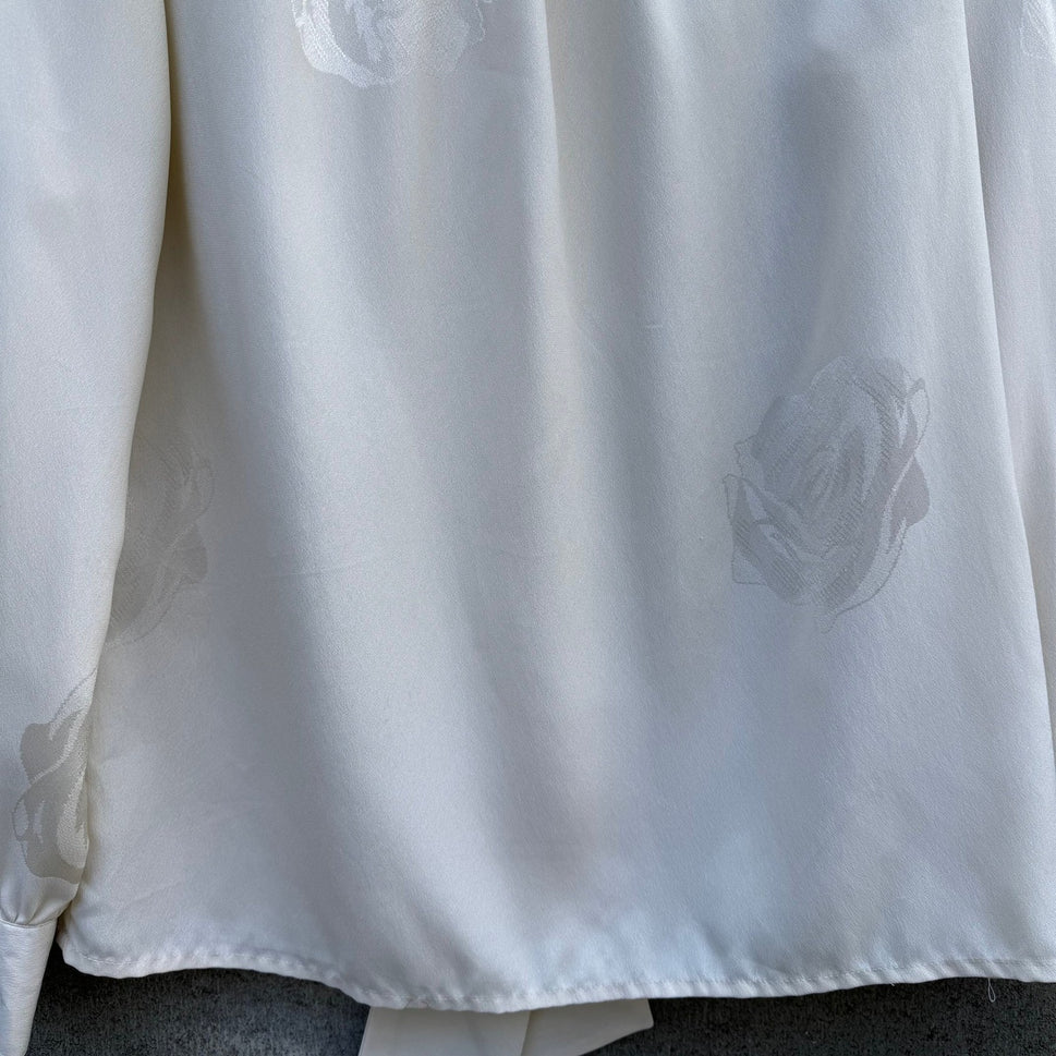 Jones New York Vintage Cream Rose Jacquard Pussy Bow Tie Back Blouse Womens 4
