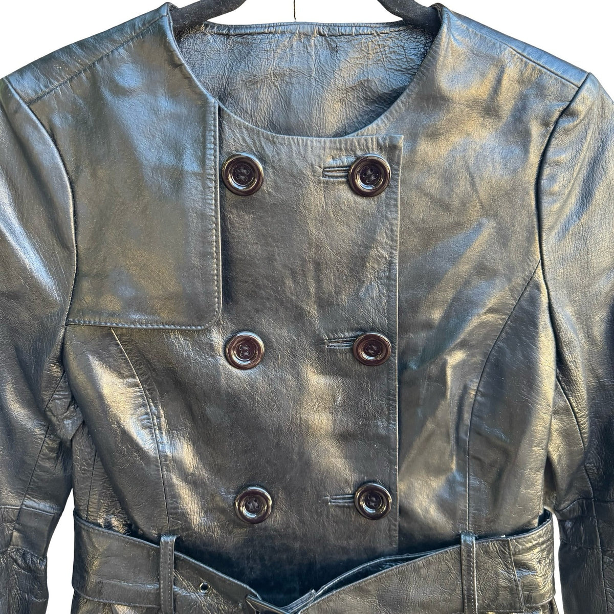 Vintage Y2K Belted Peplum Leather Goth Steampunk Double Breasted Jacket Black S