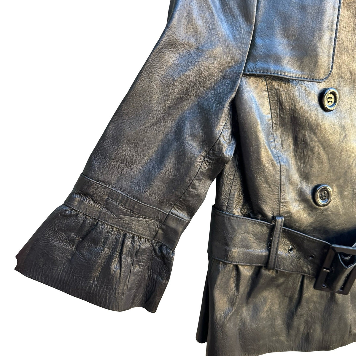 Vintage Y2K Belted Peplum Leather Goth Steampunk Double Breasted Jacket Black S