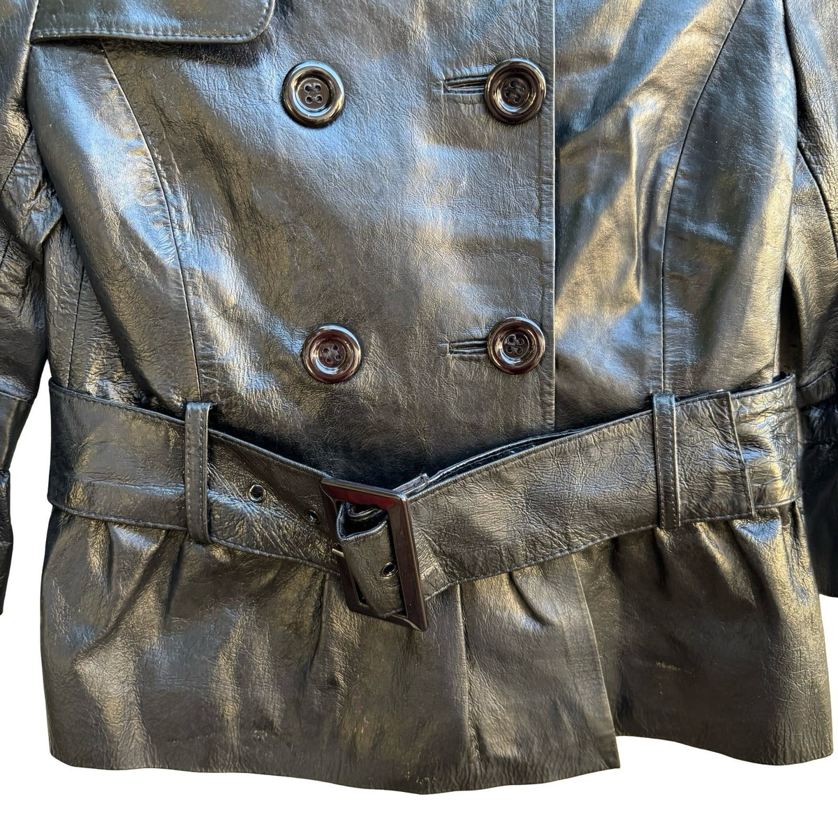 Vintage Y2K Belted Peplum Leather Goth Steampunk Double Breasted Jacket Black S