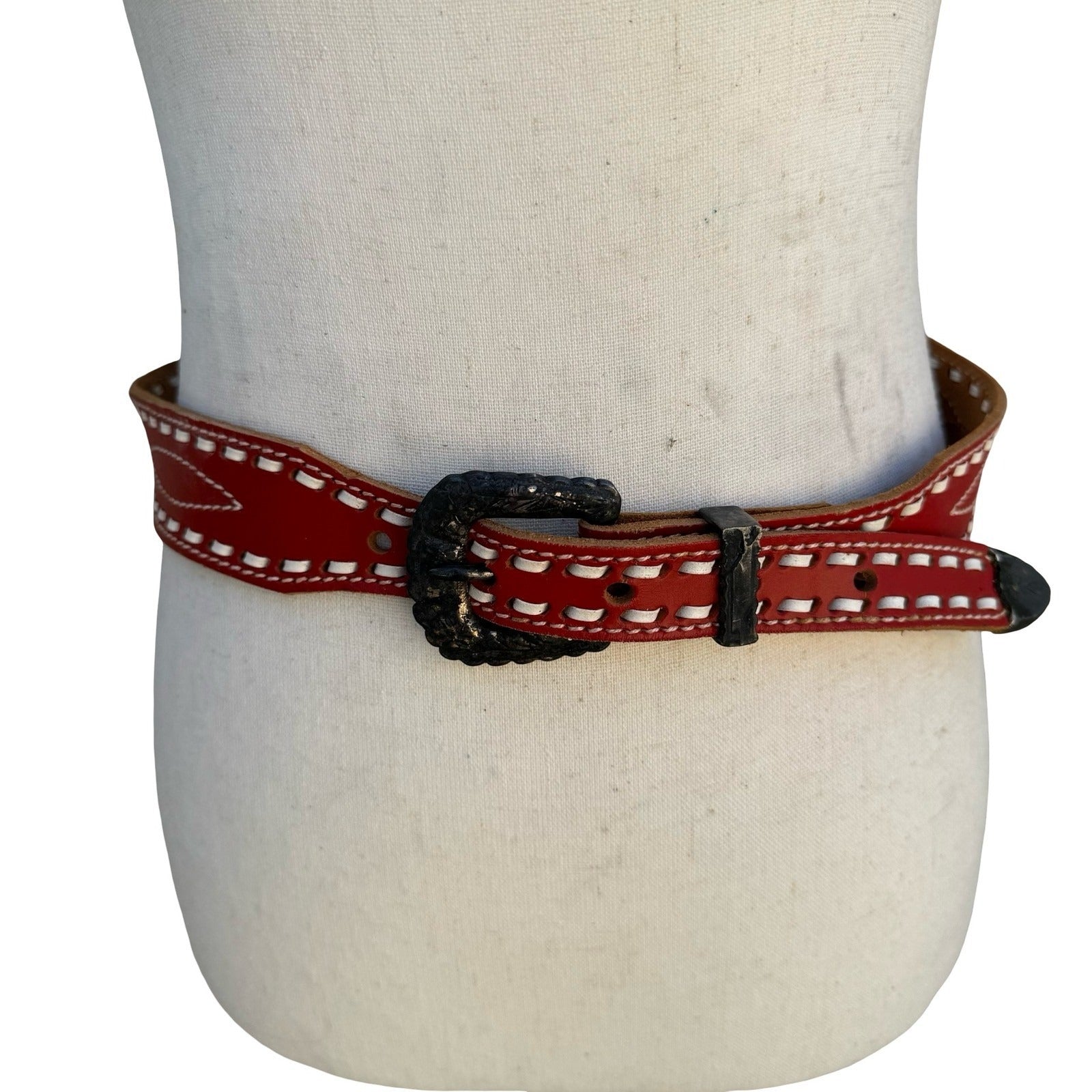 Gilles Herve Vintage Red Leather Western Belt White Whipstitch Made France Paris