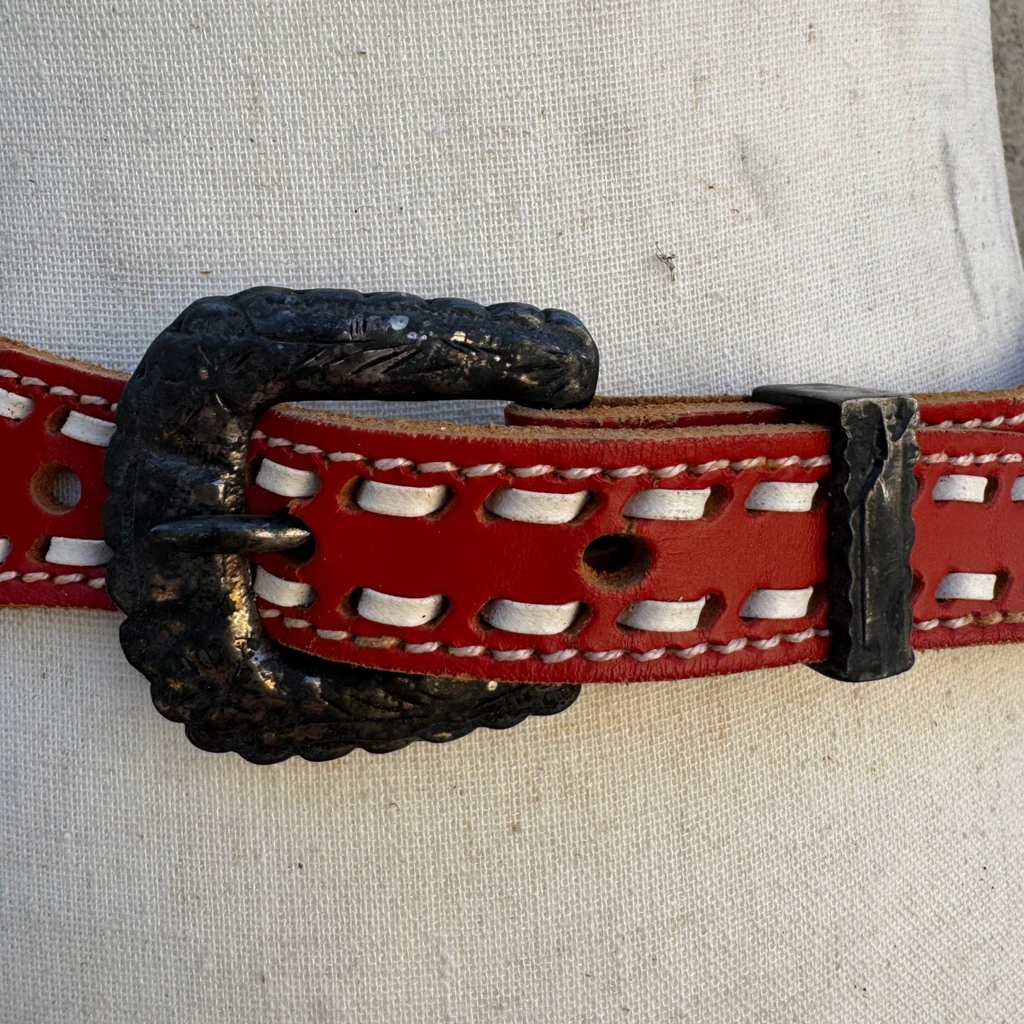 Gilles Herve Vintage Red Leather Western Belt White Whipstitch Made France Paris