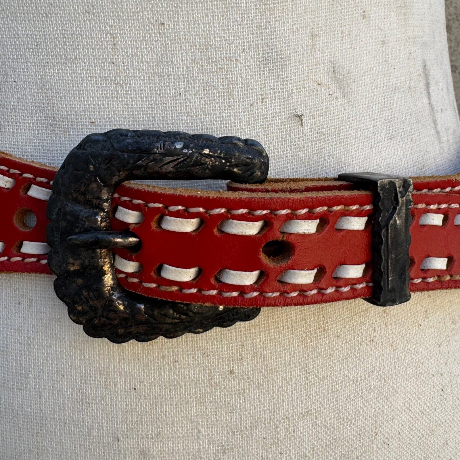 Gilles Herve Vintage Red Leather Western Belt White Whipstitch Made France Paris