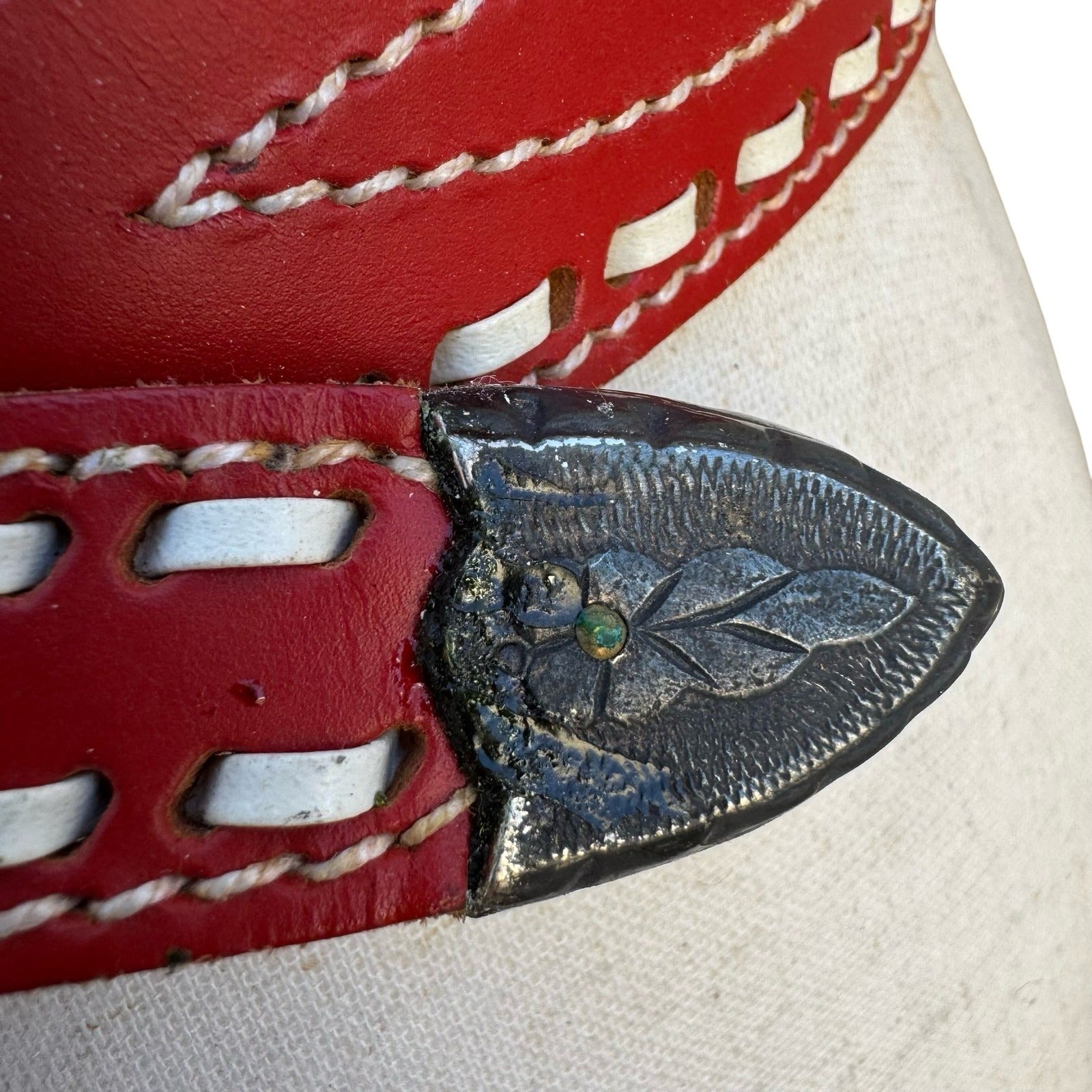 Gilles Herve Vintage Red Leather Western Belt White Whipstitch Made France Paris