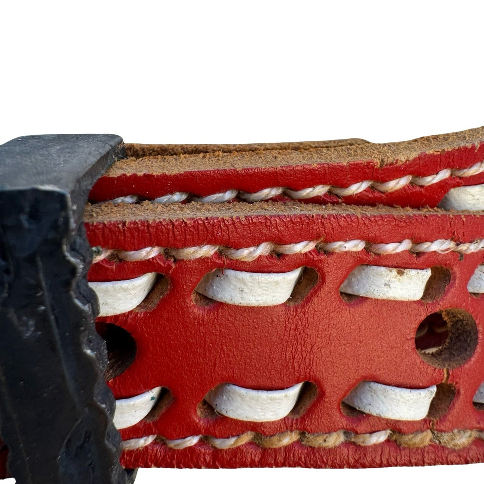 Gilles Herve Vintage Red Leather Western Belt White Whipstitch Made France Paris