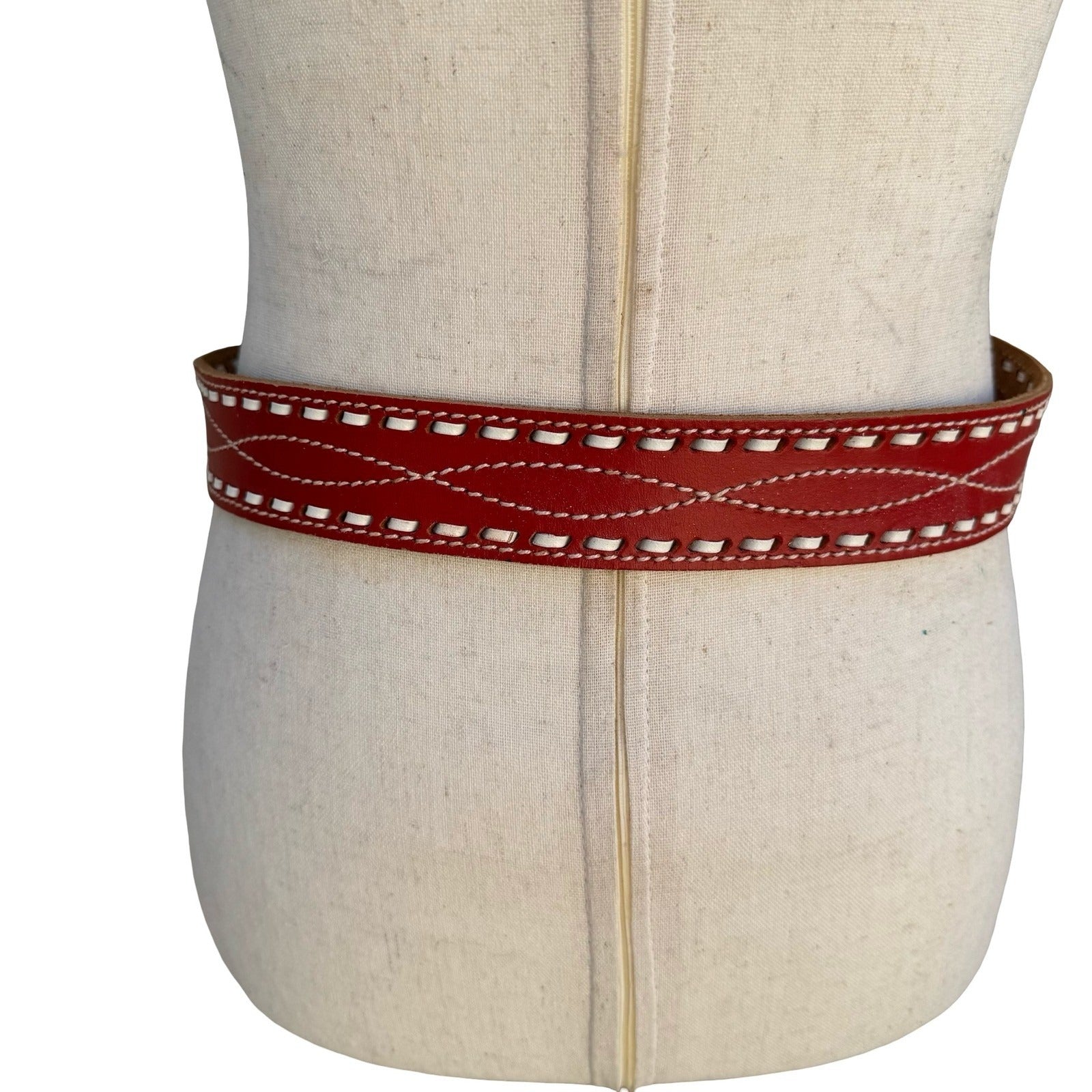 Gilles Herve Vintage Red Leather Western Belt White Whipstitch Made France Paris