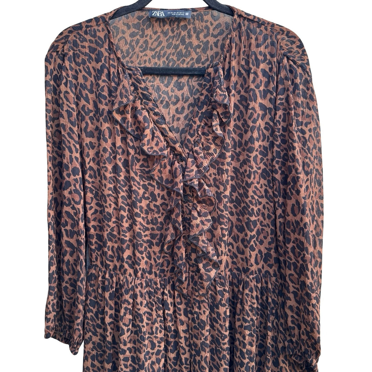 Zara Mob Wife Boho Sheer Ruffle Plisse Leopard Print Boho Midi Dress Brown XS