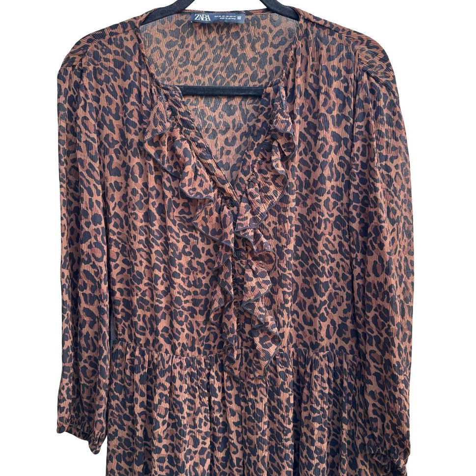 Zara Mob Wife Boho Sheer Ruffle Plisse Leopard Print Boho Midi Dress Brown XS