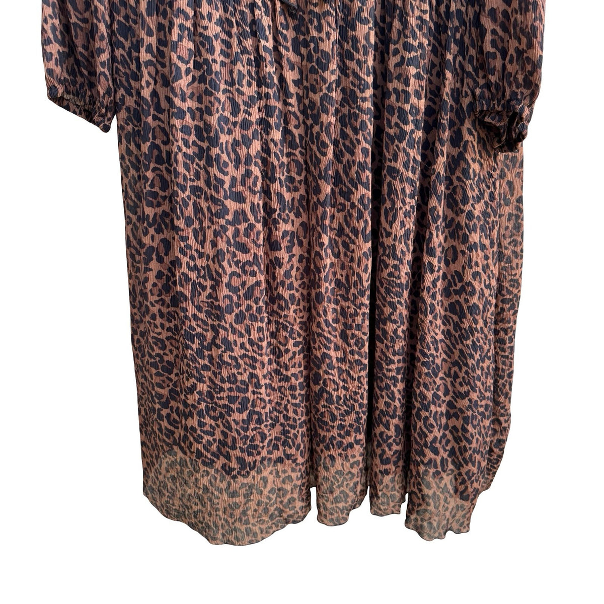 Zara Mob Wife Boho Sheer Ruffle Plisse Leopard Print Boho Midi Dress Brown XS