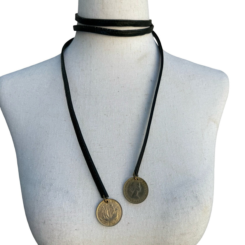 Vintage British Half Penny Coin Leather Wrap Choker Lariat Necklace 1942 1958