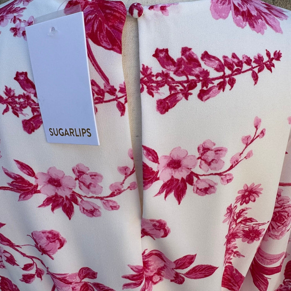 Sugarlips Pink Floral Long Balloon Sleeve Mini Dress White Tie Waist NWT Size XS