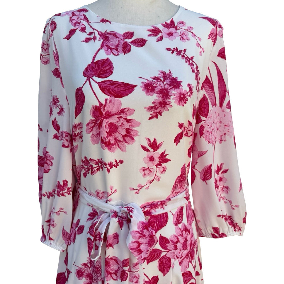 Sugarlips Pink Floral Long Balloon Sleeve Mini Dress White Tie Waist NWT Size XS