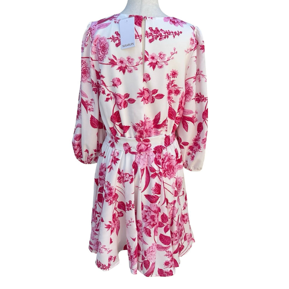 Sugarlips Pink Floral Long Balloon Sleeve Mini Dress White Tie Waist NWT Size XS