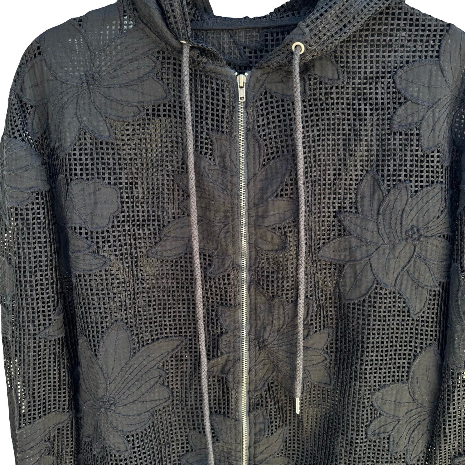 Gothic Dark Floral Mesh Embroidered Hoodie Sheer Lace Grid Jacket Edgy Romantic