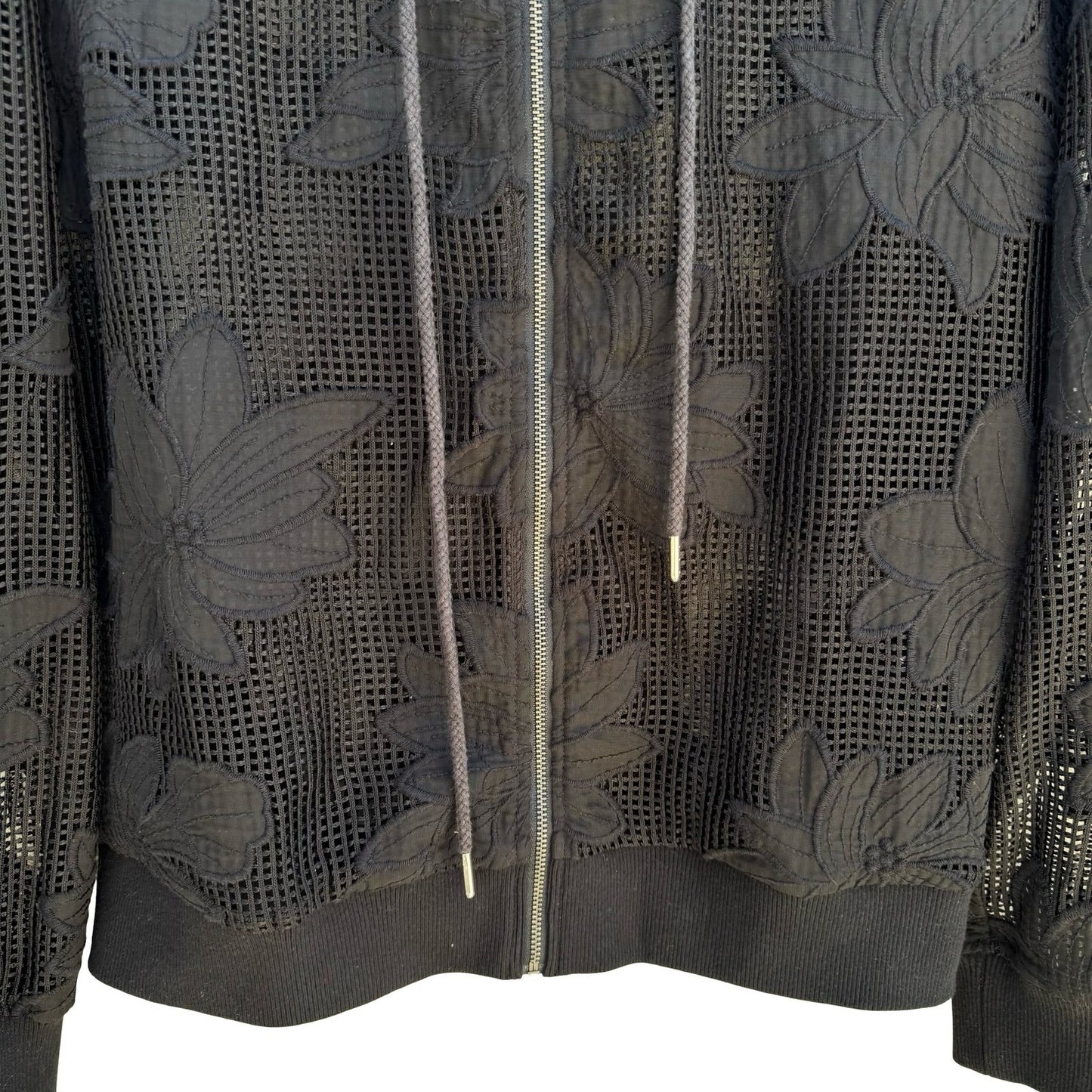 Gothic Dark Floral Mesh Embroidered Hoodie Sheer Lace Grid Jacket Edgy Romantic