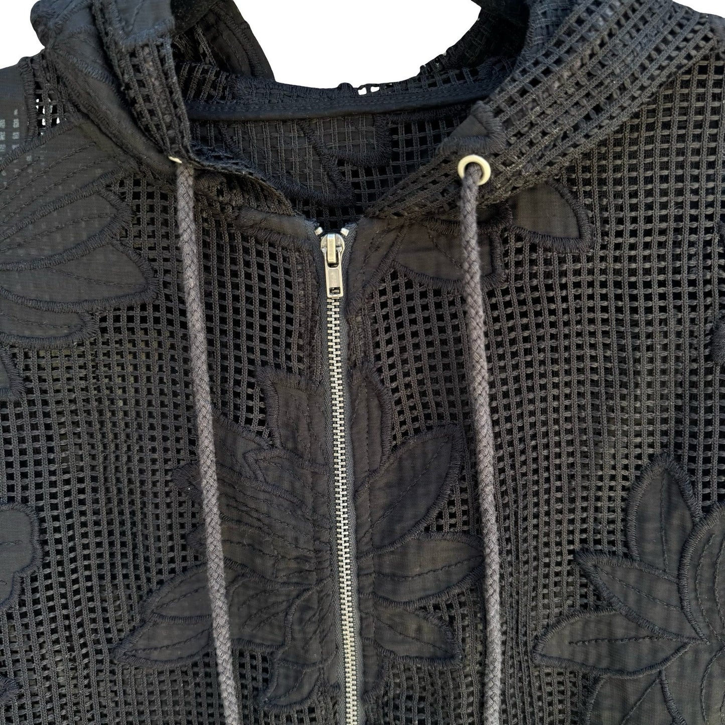 Gothic Dark Floral Mesh Embroidered Hoodie Sheer Lace Grid Jacket Edgy Romantic